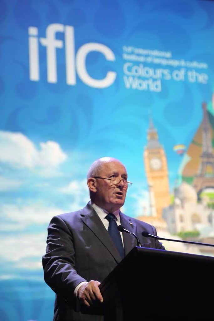 Sir Peter Cosgrove delivering the IFLC Opening Address at the Sydney Opera House, 2016